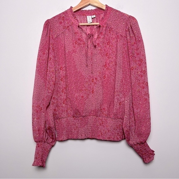 Joie Pink Mixed Print Floral Gold Semi-Sheer Romantic Feminine Spring Blouse M - Picture 1 of 13